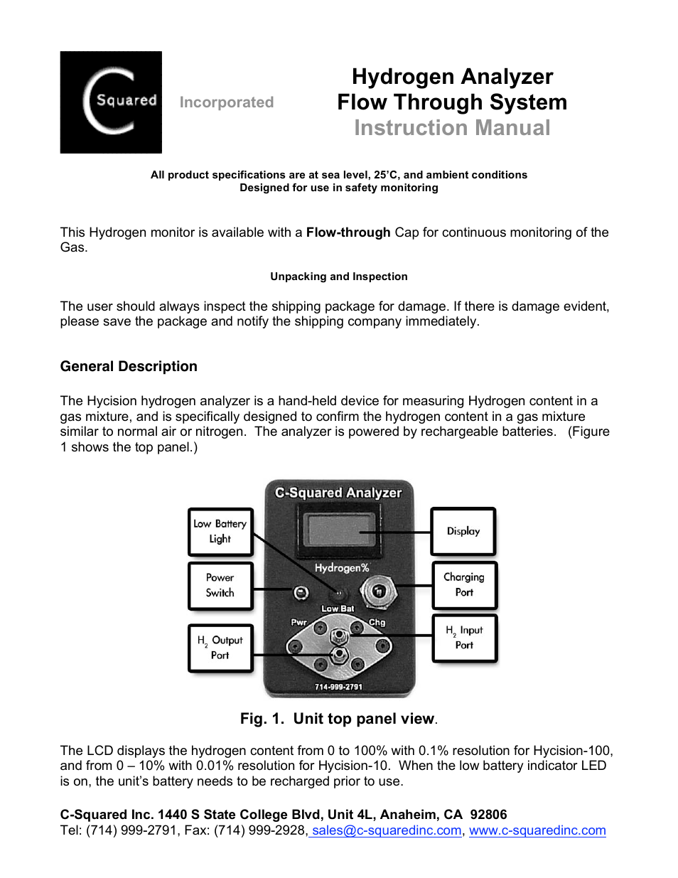 C-Squared Hydrogen Flow Through Analyzer Manual User Manual | 2 pages