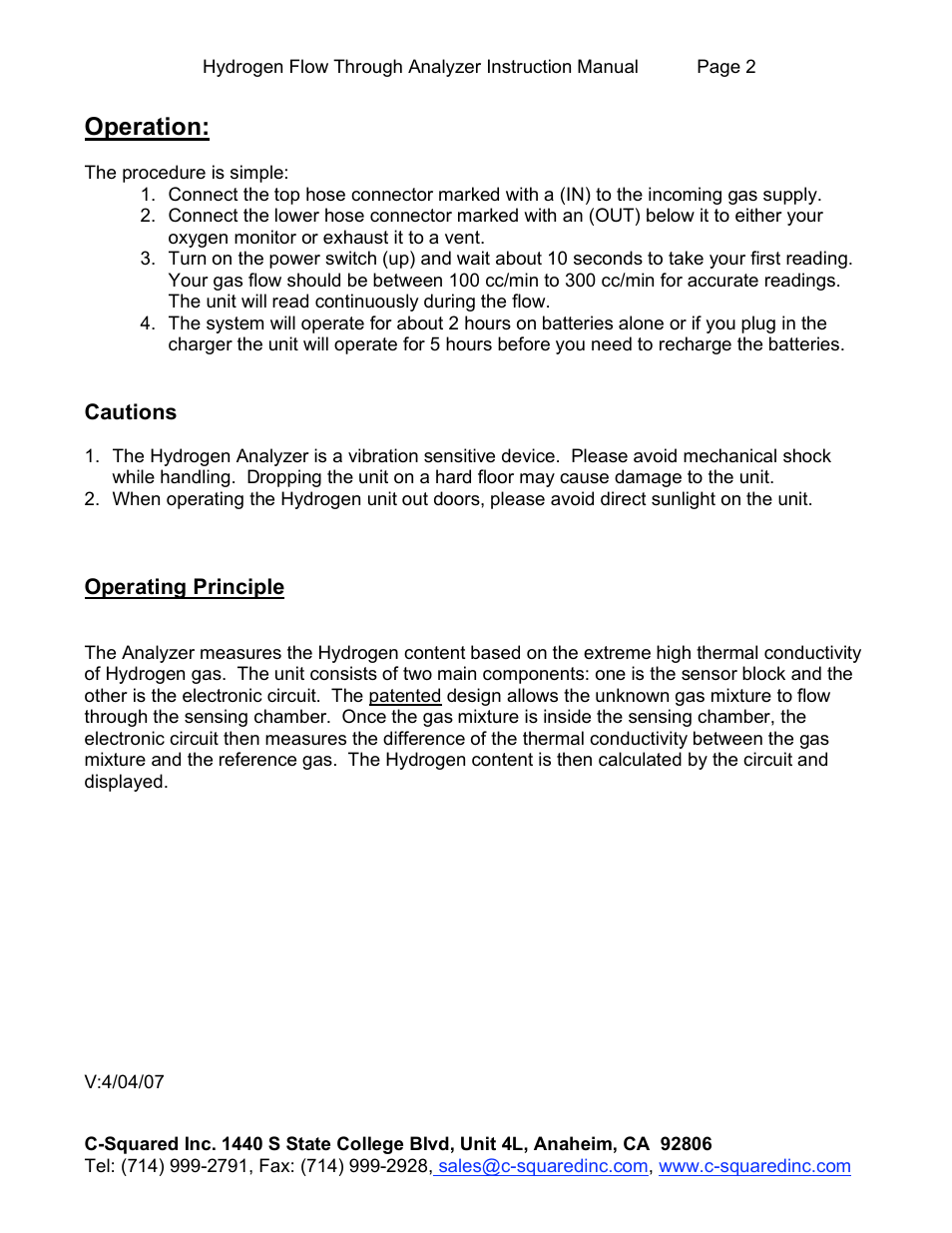 Operation | C-Squared Hydrogen Flow Through Analyzer Manual User Manual | Page 2 / 2