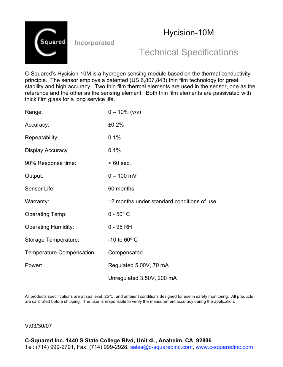 C-Squared Hycision-10 Module Specifications User Manual | 1 page