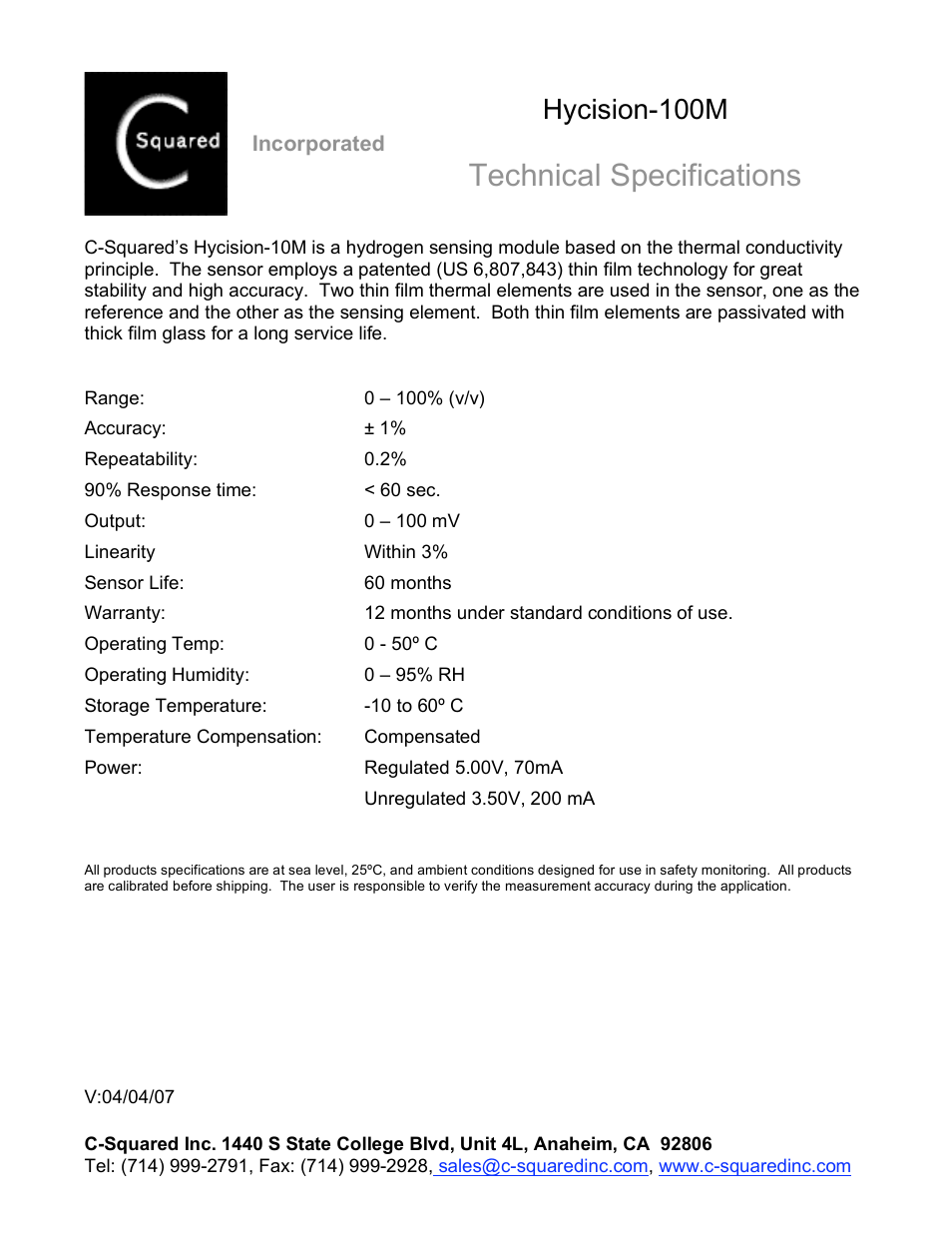 C-Squared Hycision-100 Module Specifications User Manual | 1 page