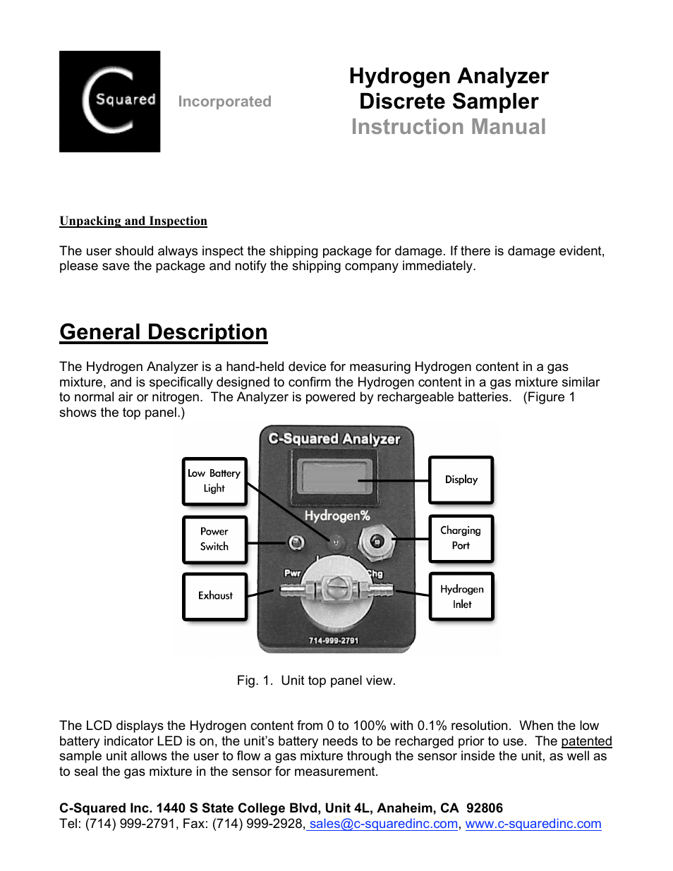 C-Squared Hydrogen Analyzer Manual User Manual | 3 pages