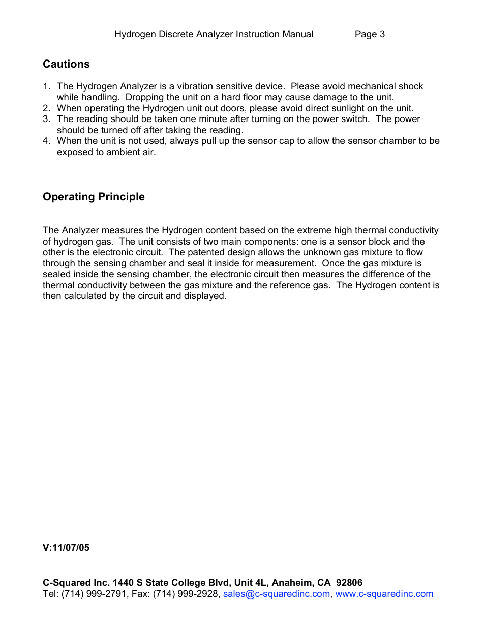C-Squared Hydrogen Analyzer Manual User Manual | Page 3 / 3