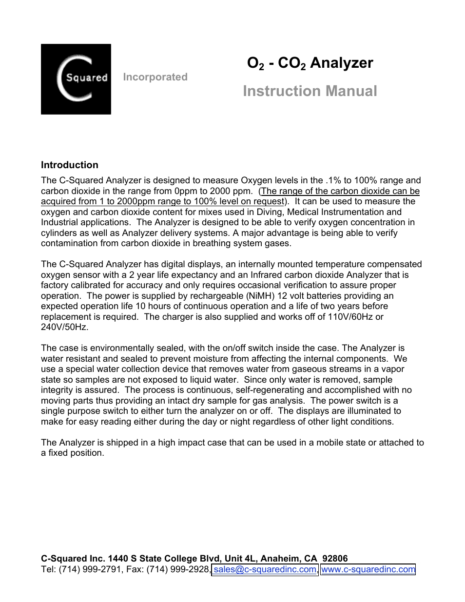 C-Squared Dual Oxygen_Carbon Dioxide Analyzer User Manual | 4 pages