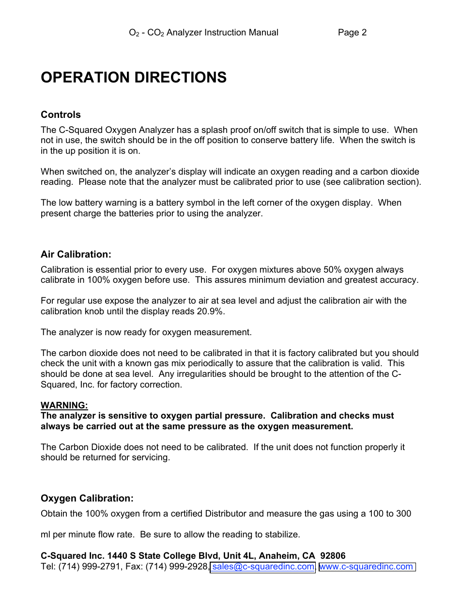 Operation directions | C-Squared Dual Oxygen_Carbon Dioxide Analyzer User Manual | Page 2 / 4
