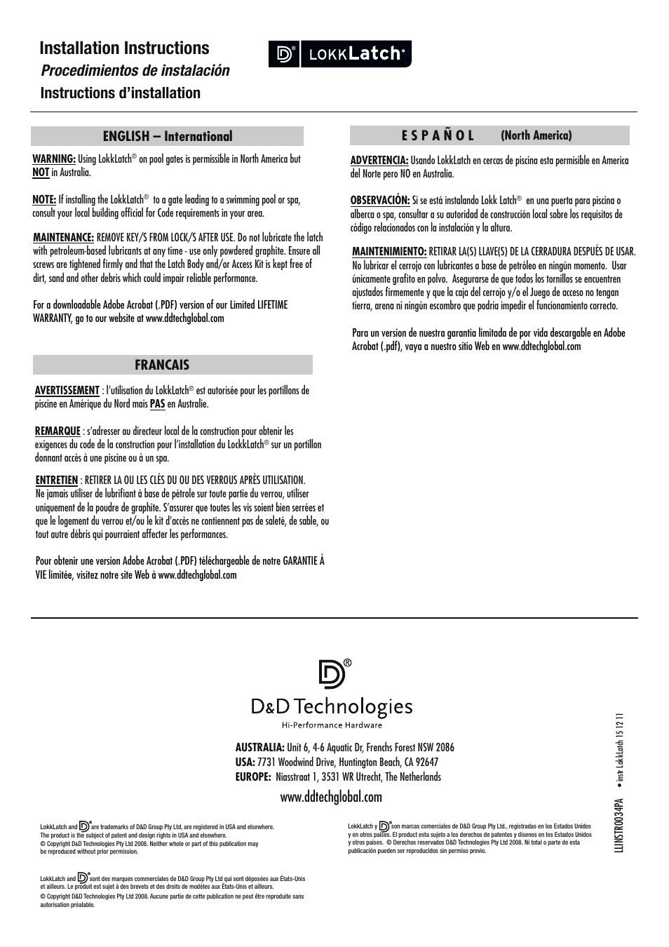 Installation instructions, Procedimientos de instalación, Instructions d’installation | English – international francais | D&D Technologies LokkLatch Regular User Manual | Page 2 / 2