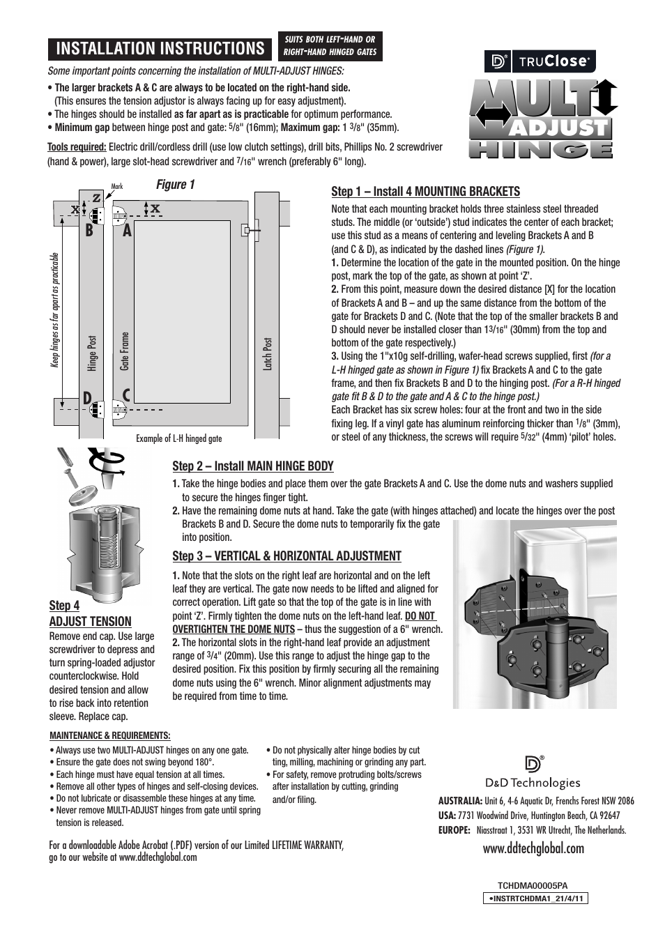 D&D Technologies TruClose Heavy-Duty Multi-Adjust User Manual | 2 pages