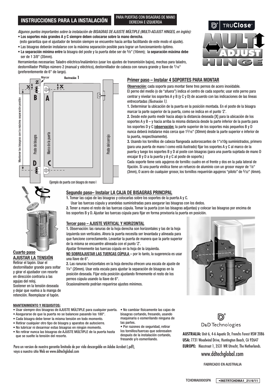 Instrucciones para la instalación | D&D Technologies TruClose Heavy-Duty Multi-Adjust User Manual | Page 2 / 2