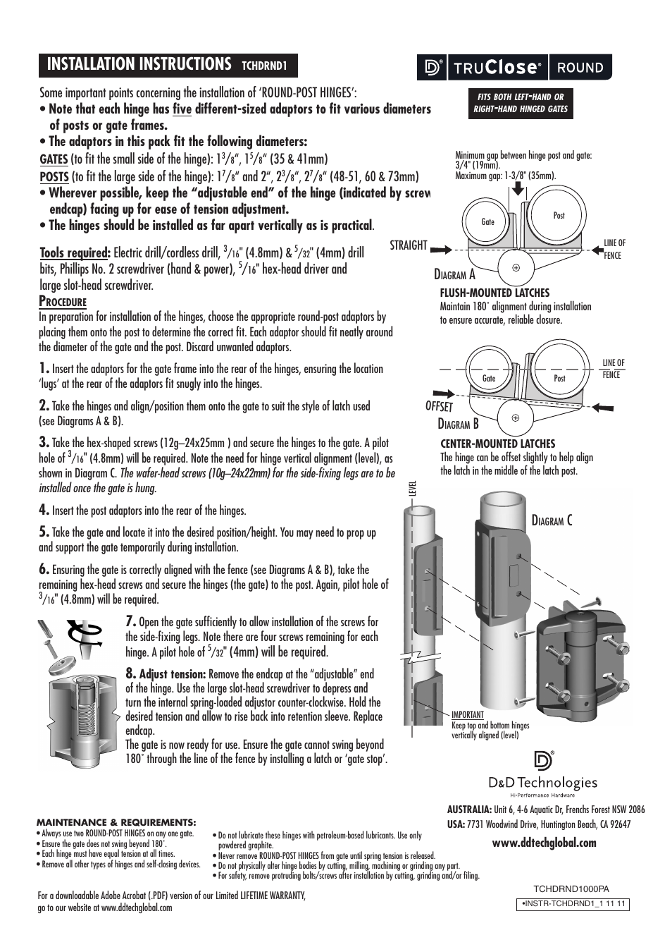 D&D Technologies TruClose Heavy Duty Round Post User Manual | 1 page