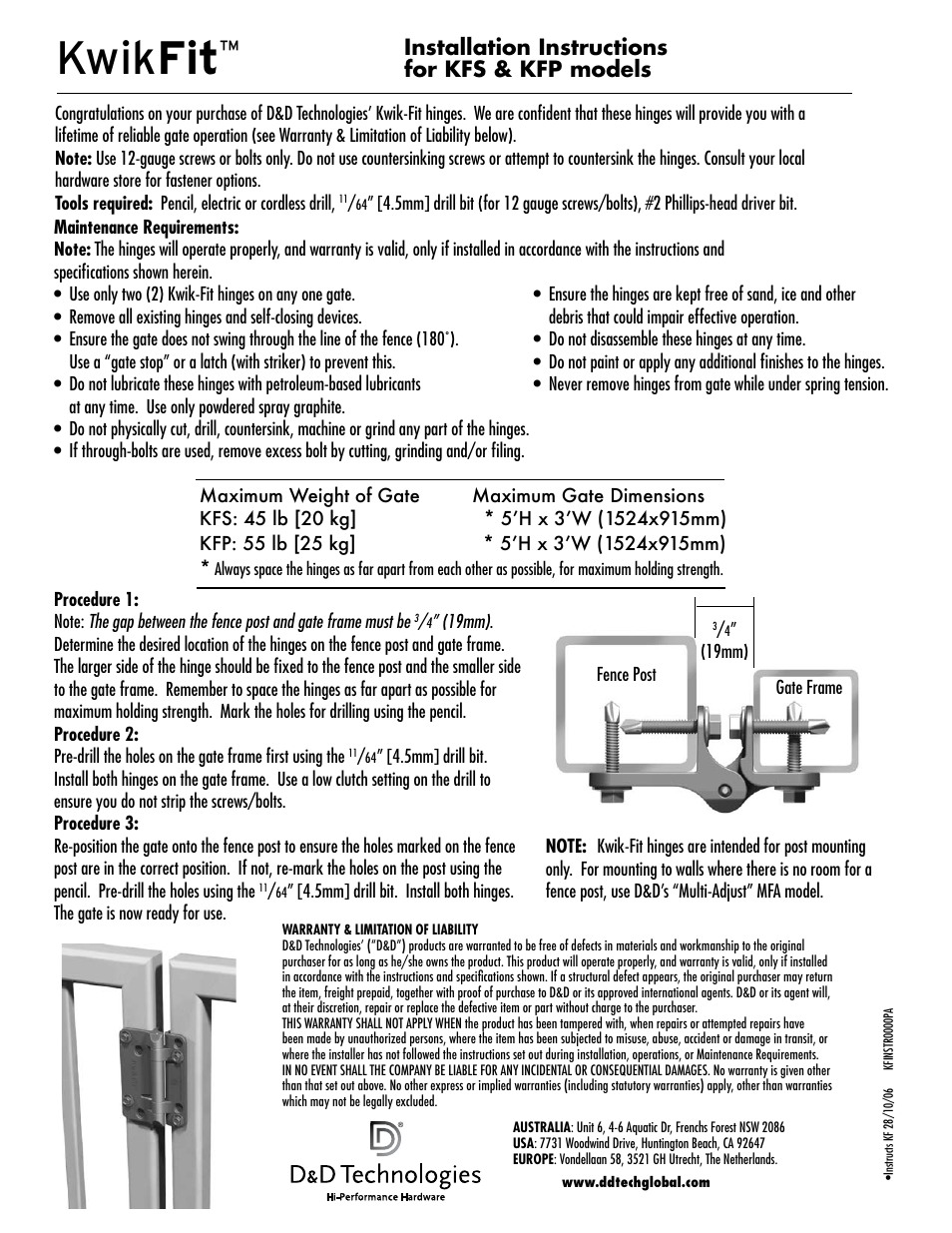 D&D Technologies KwikFit Plain Pivoting KFS & KFP User Manual | 2 pages