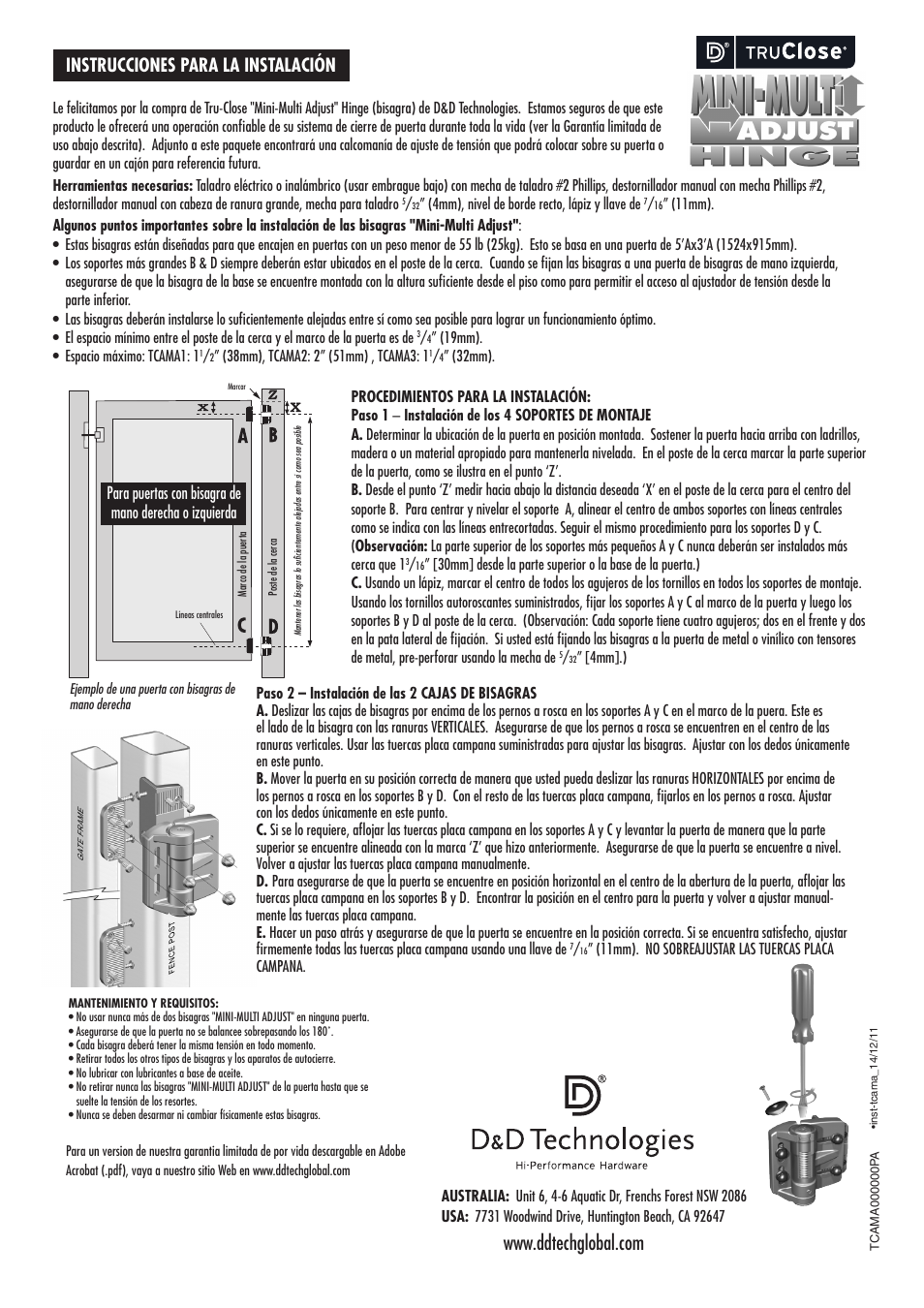 Instrucciones para la instalación | D&D Technologies TruClose Regular Mini Multi User Manual | Page 2 / 2