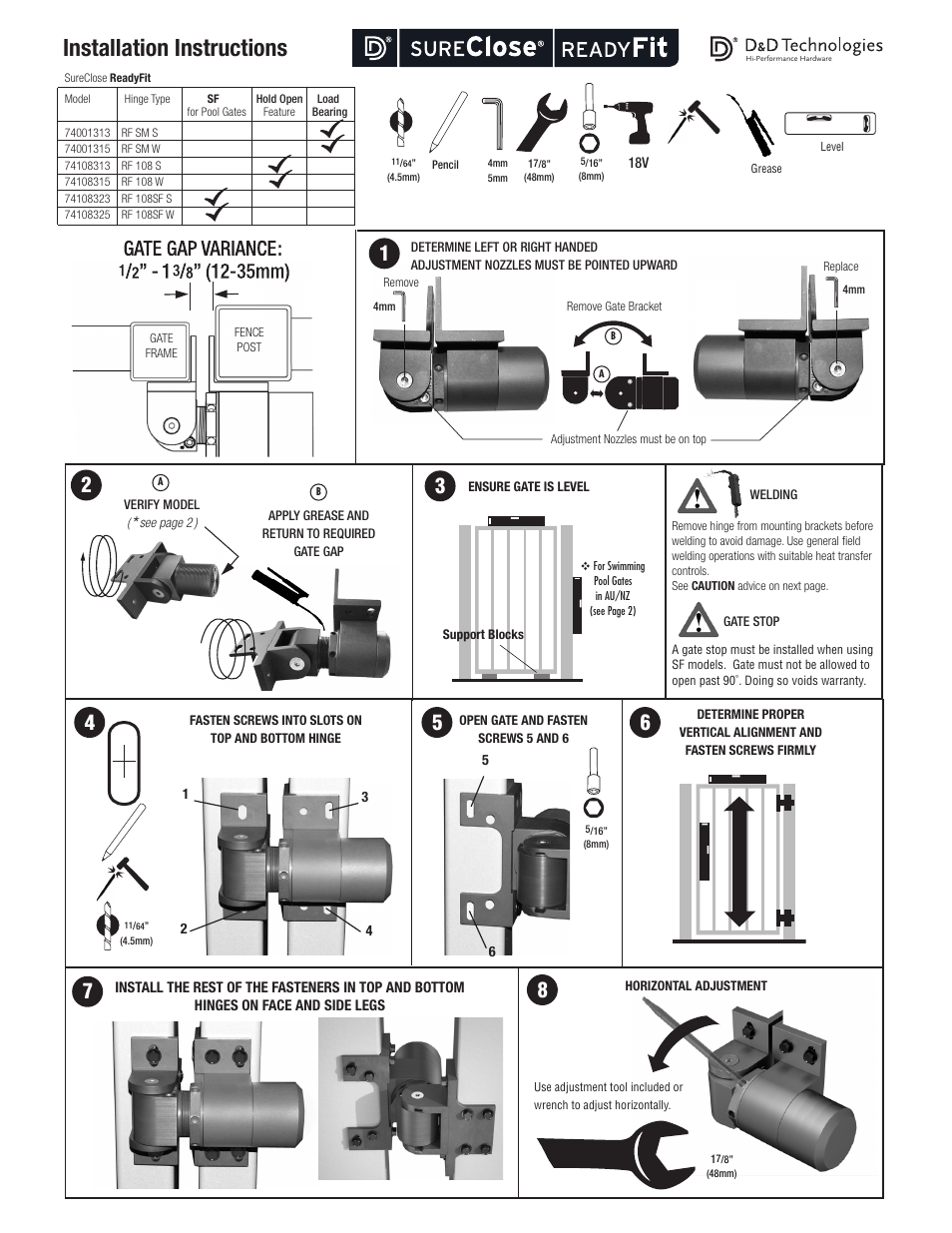 D&D Technologies SureClose ReadyFit Hinge User Manual | 2 pages