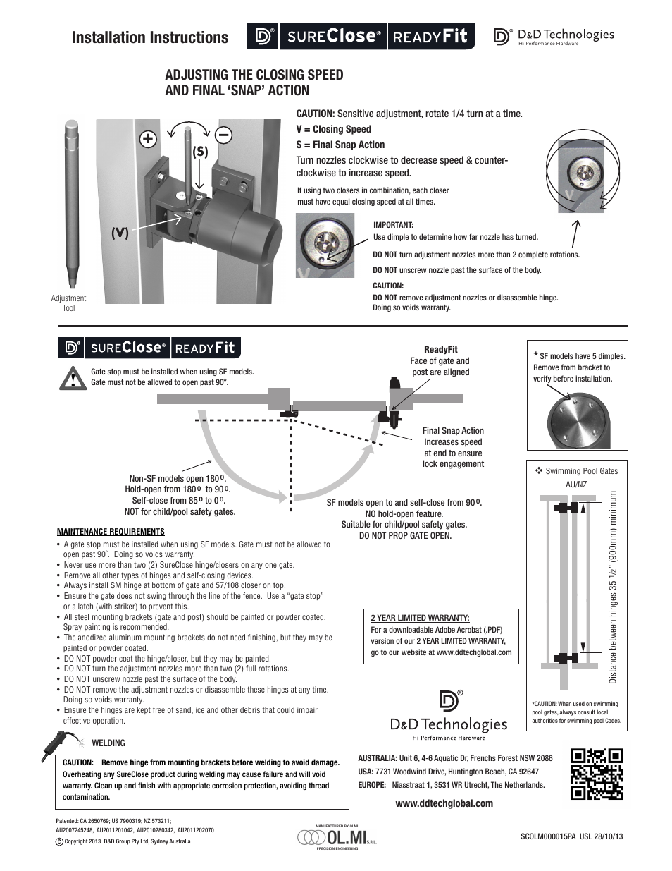 Installation instructions, V) (s) | D&D Technologies SureClose ReadyFit Hinge User Manual | Page 2 / 2