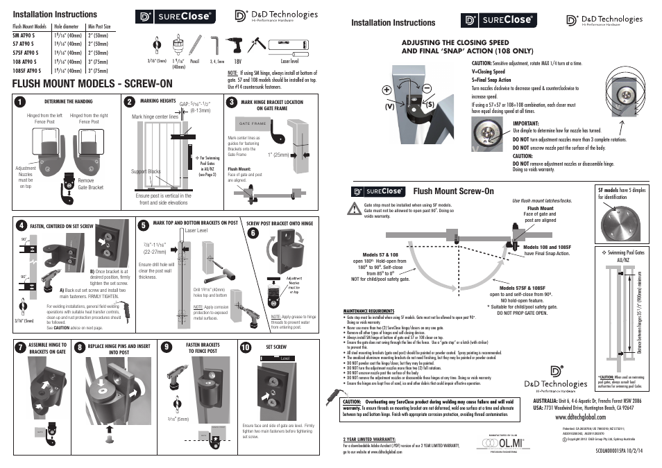 D&D Technologies SureClose Flush Mount Screw-On User Manual | 2 pages