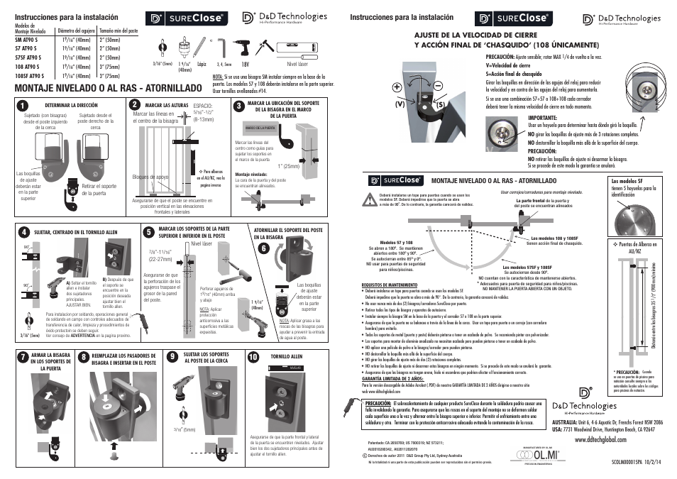Montaje nivelado o al ras - atornillado, Instrucciones para la instalación, Sure | Close | D&D Technologies SureClose Flush Mount Screw-On User Manual | Page 2 / 2