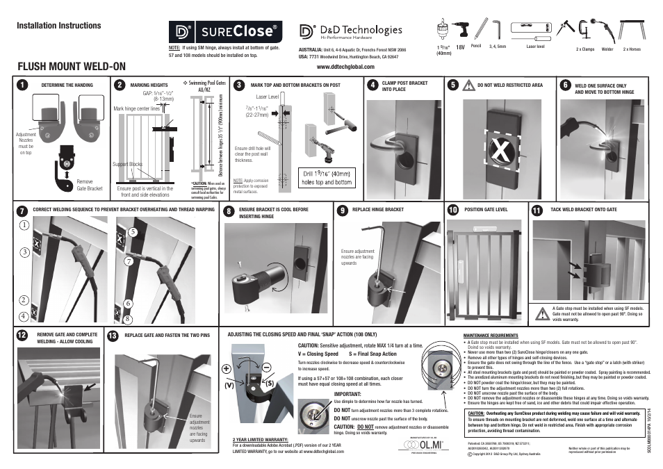 D&D Technologies SureClose Flush Mount Weld-On User Manual | 2 pages