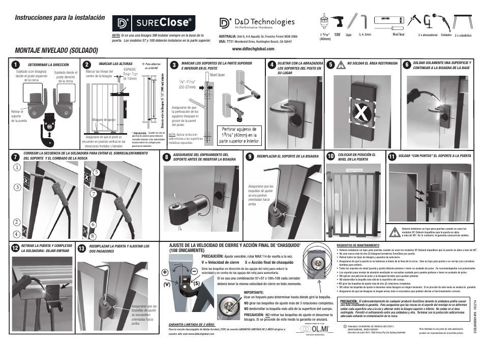 Close, Sure, Montaje nivelado (soldado) | Instrucciones para la instalación | D&D Technologies SureClose Flush Mount Weld-On User Manual | Page 2 / 2