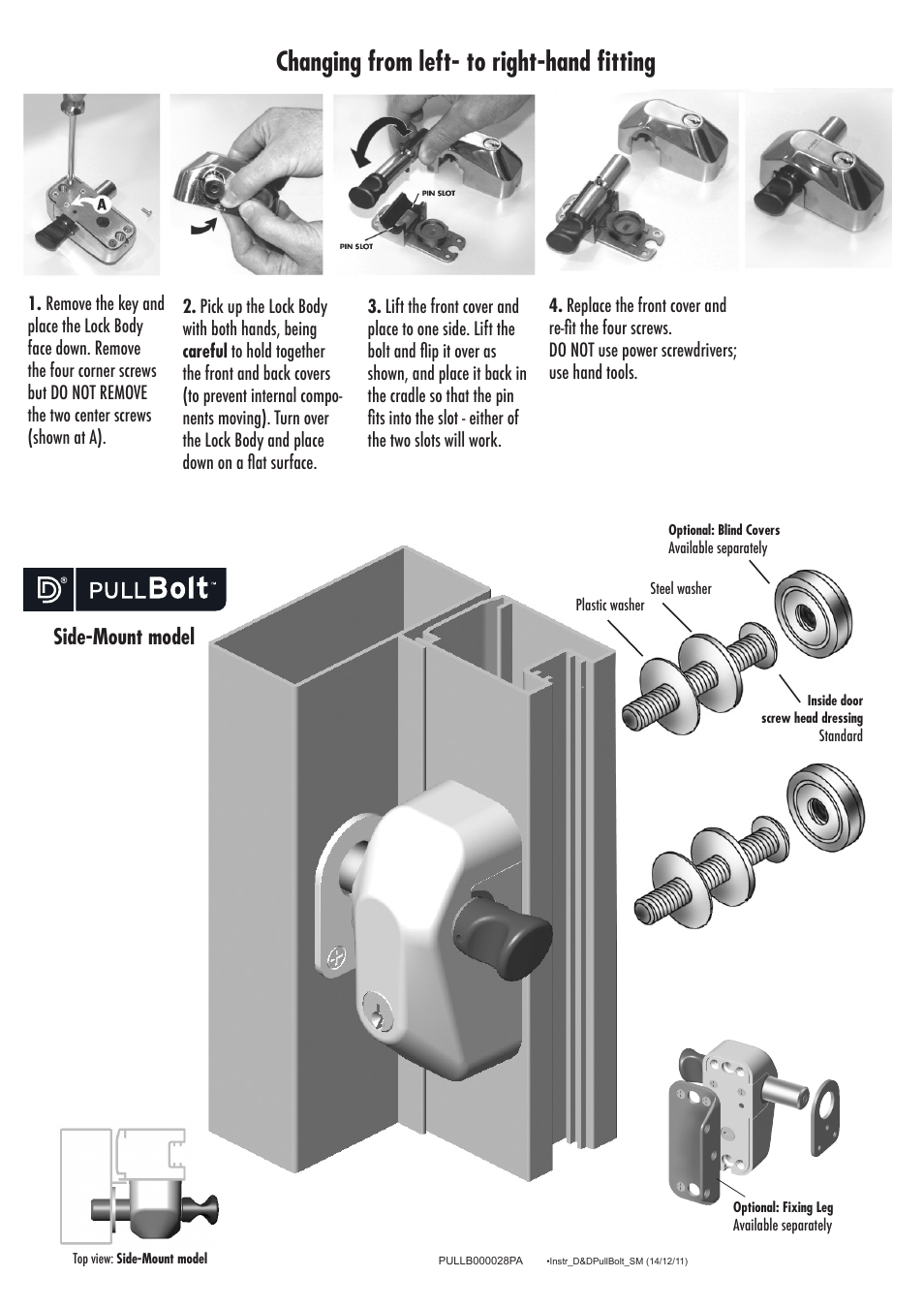 Changing from left- to right-hand fitting, Side-mount model | D&D Technologies PullBolt lock - Side Mounting User Manual | Page 2 / 3