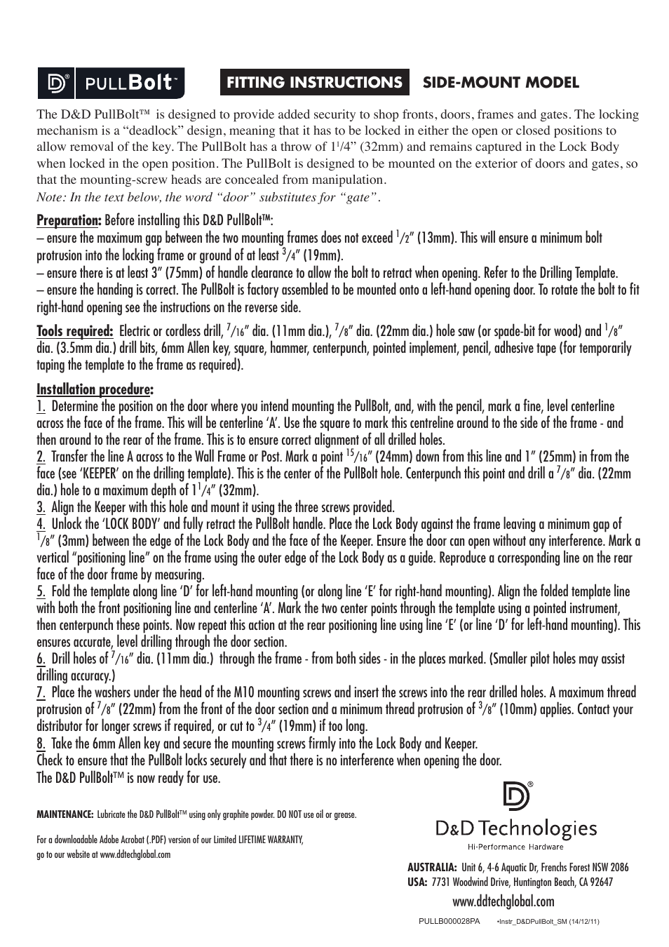 D&D Technologies PullBolt lock - Side Mounting User Manual | Page 3 / 3