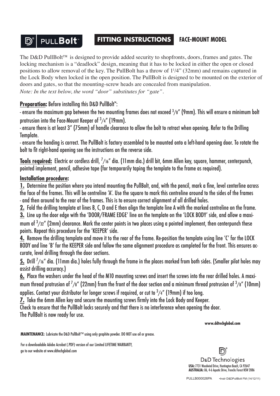 D&D Technologies PullBolt lock - Face Mounting User Manual | Page 3 / 3