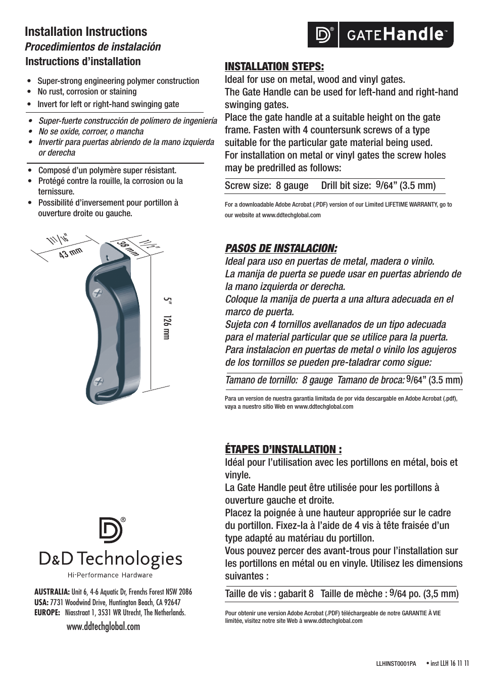D&D Technologies Gate Handle User Manual | 1 page