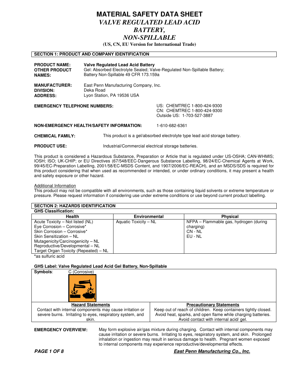 Deka VALVE REGULATED LEAD ACID BATTERY User Manual | 8 pages