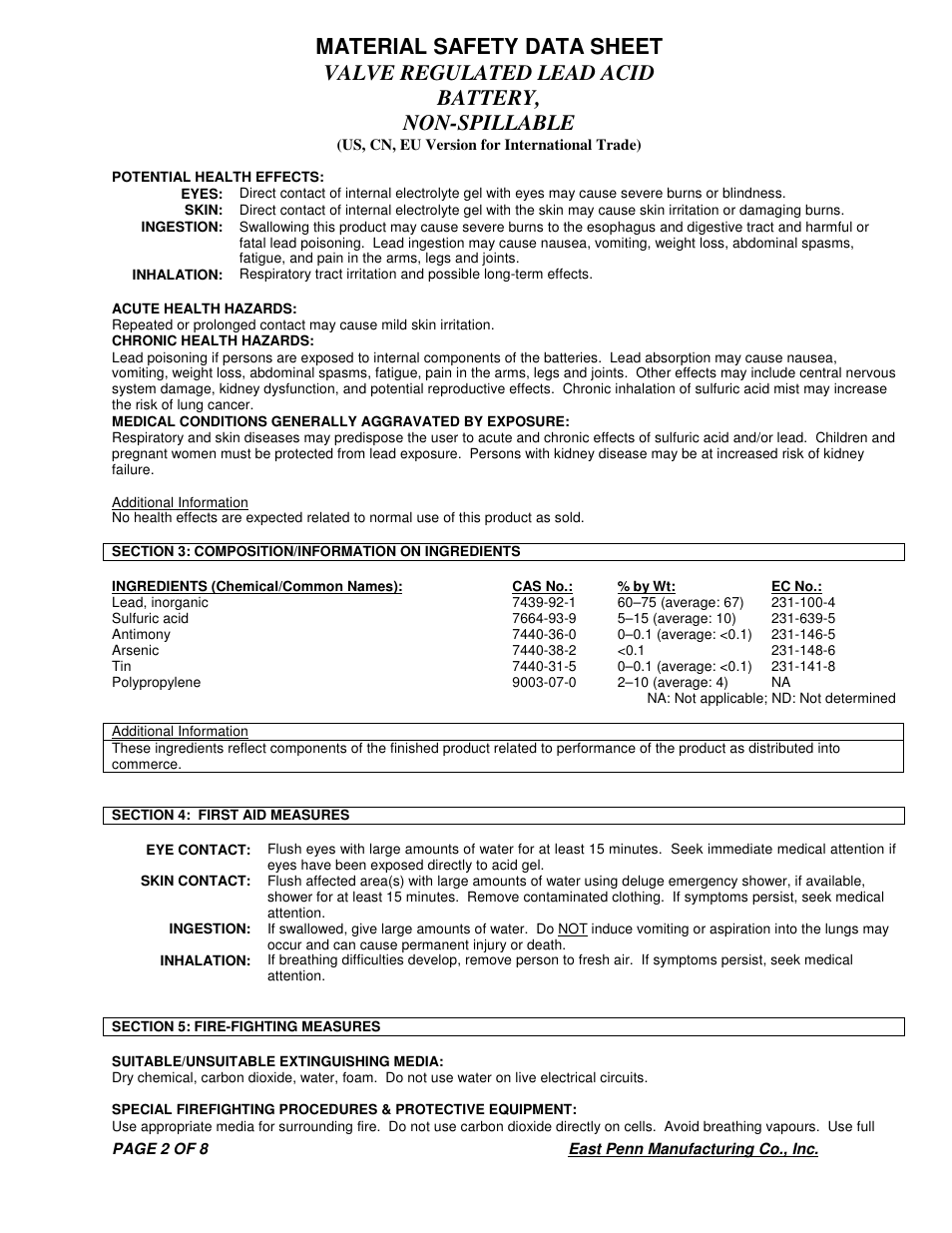 Deka VALVE REGULATED LEAD ACID BATTERY User Manual | Page 2 / 8