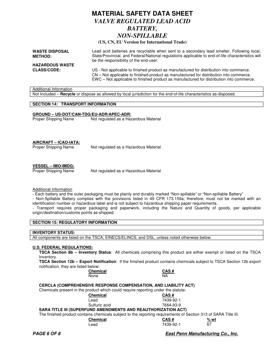 Deka VALVE REGULATED LEAD ACID BATTERY User Manual | Page 6 / 8