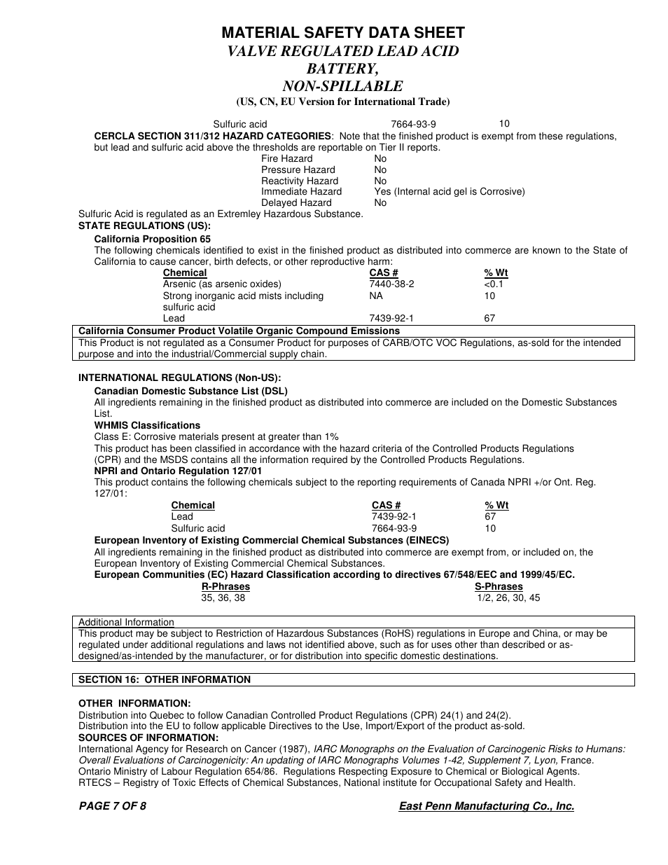 Deka VALVE REGULATED LEAD ACID BATTERY User Manual | Page 7 / 8