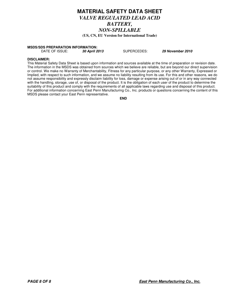 Deka VALVE REGULATED LEAD ACID BATTERY User Manual | Page 8 / 8