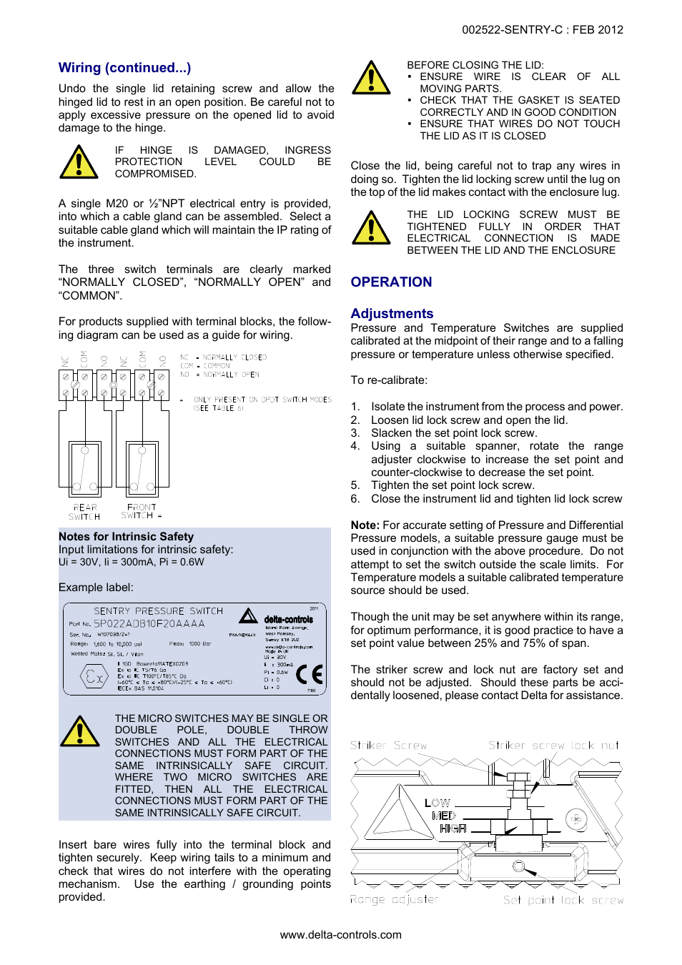 Operation adjustments, Wiring (continued...) | Delta Controls T01 User Manual | Page 2 / 4