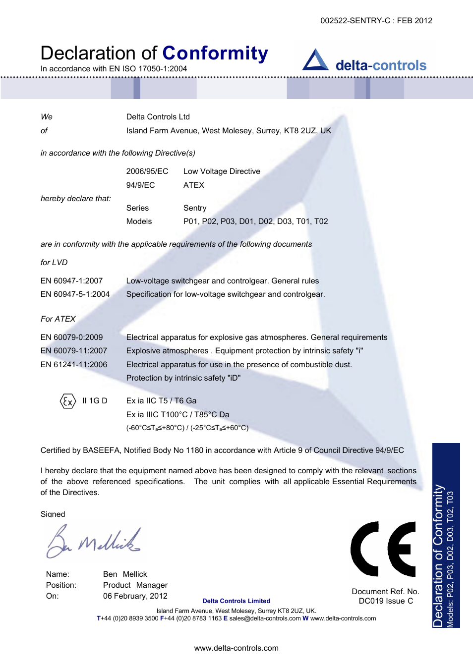 Declaration of conformity | Delta Controls T01 User Manual | Page 4 / 4