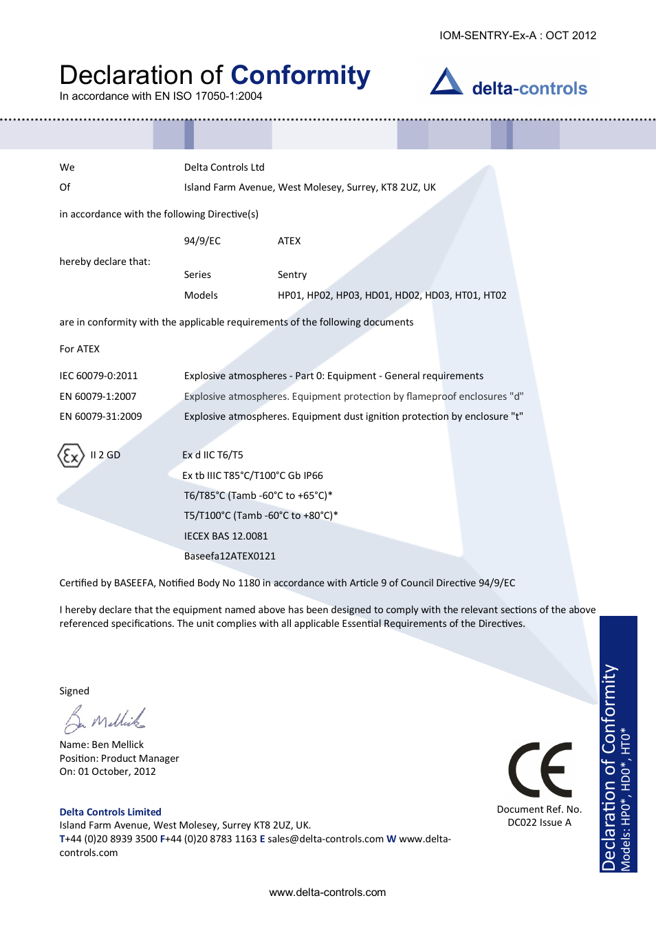 Declaration of conformity | Delta Controls HT01 User Manual | Page 4 / 4