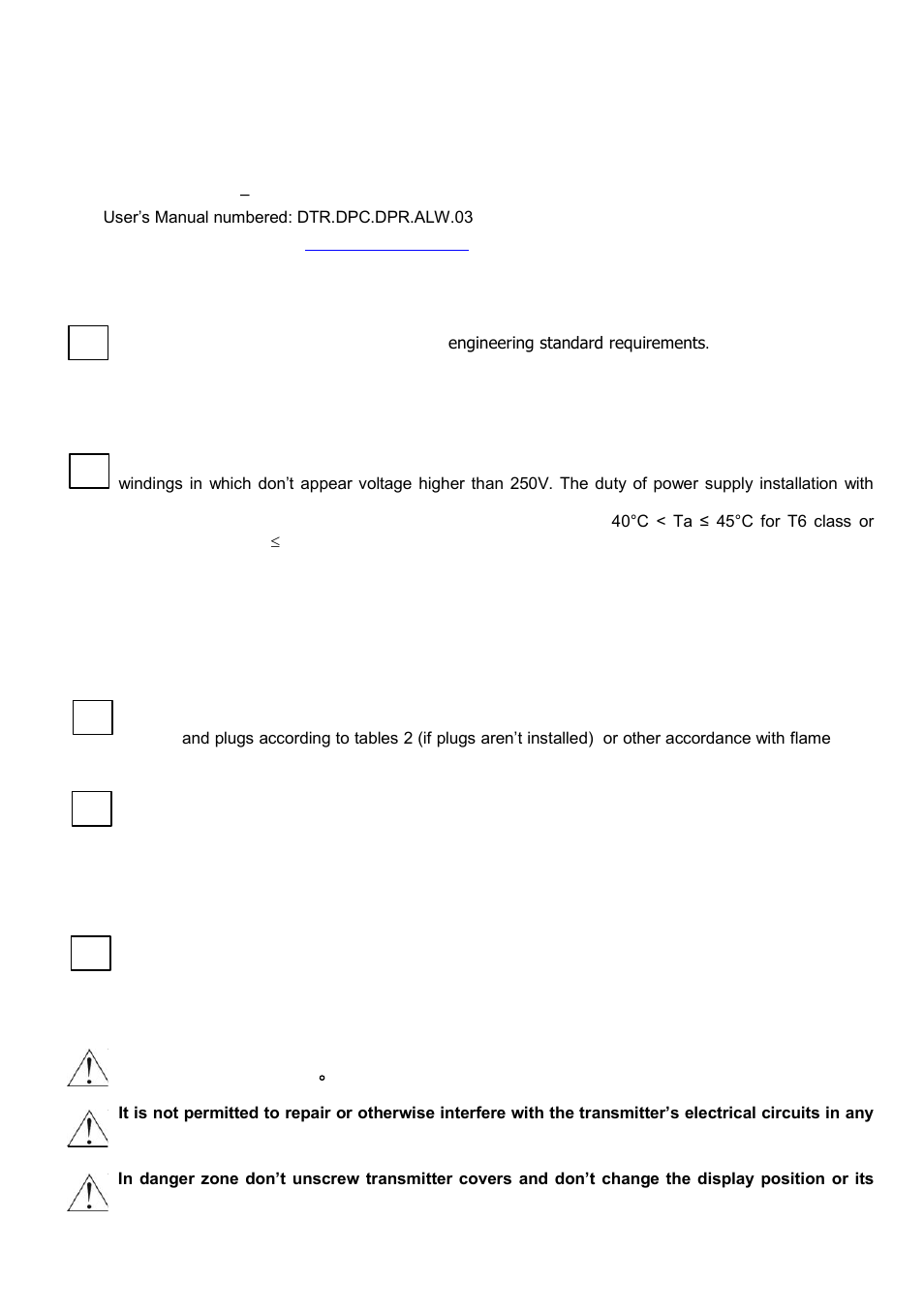 User information, Power supply and exploitation of transmitters | Delta Controls DPR-2000 User Manual | Page 5 / 53