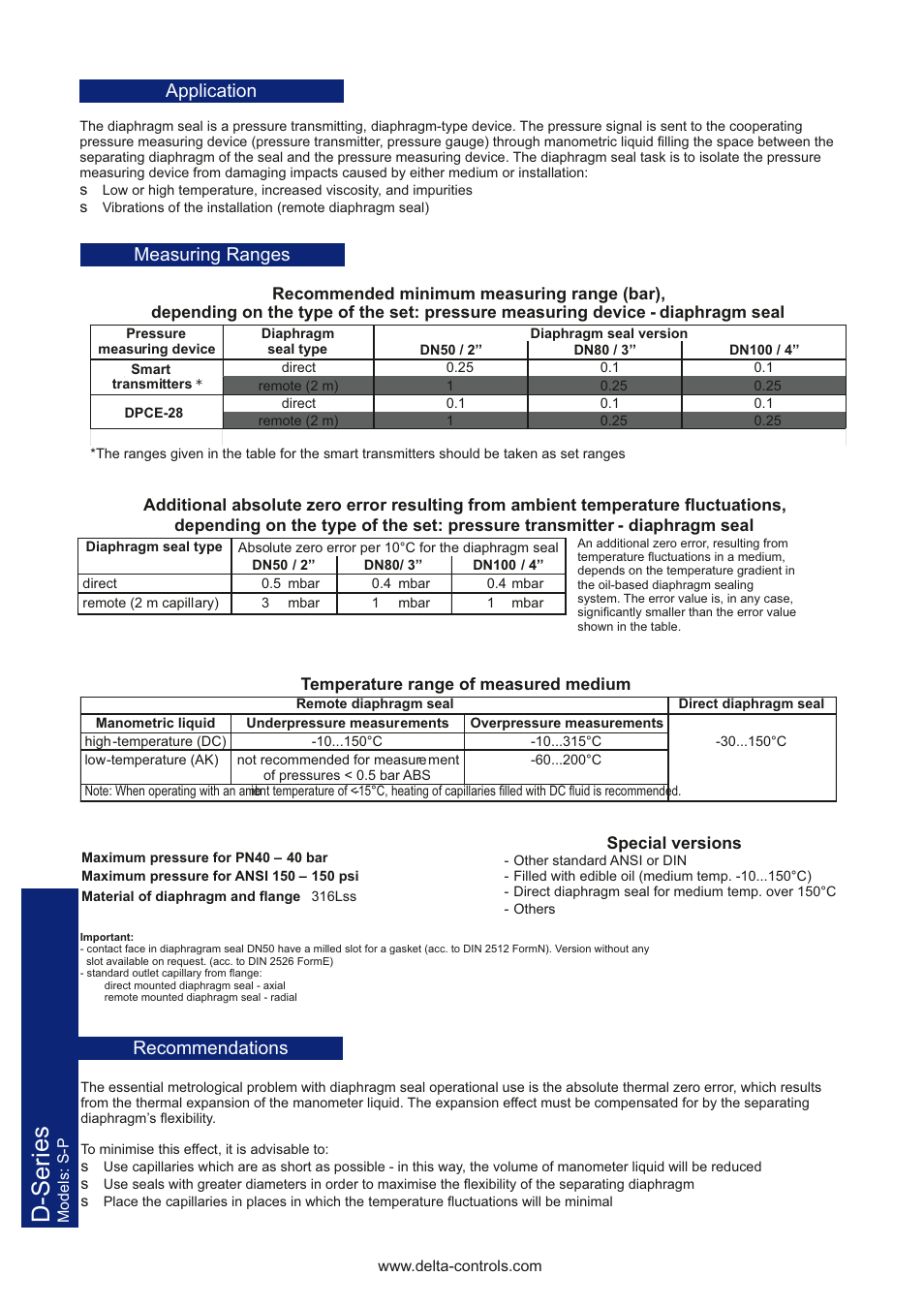 D-series, Application, Measuring ranges | Recommendations | Delta Controls D-Series TDSSP User Manual | Page 2 / 4