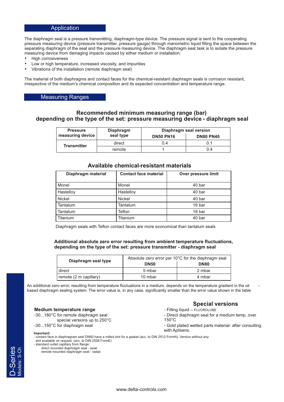D-series, Application, Available chemical-resistant materials | Special versions, Measuring ranges | Delta Controls D-Series TDSSCh User Manual | Page 2 / 4