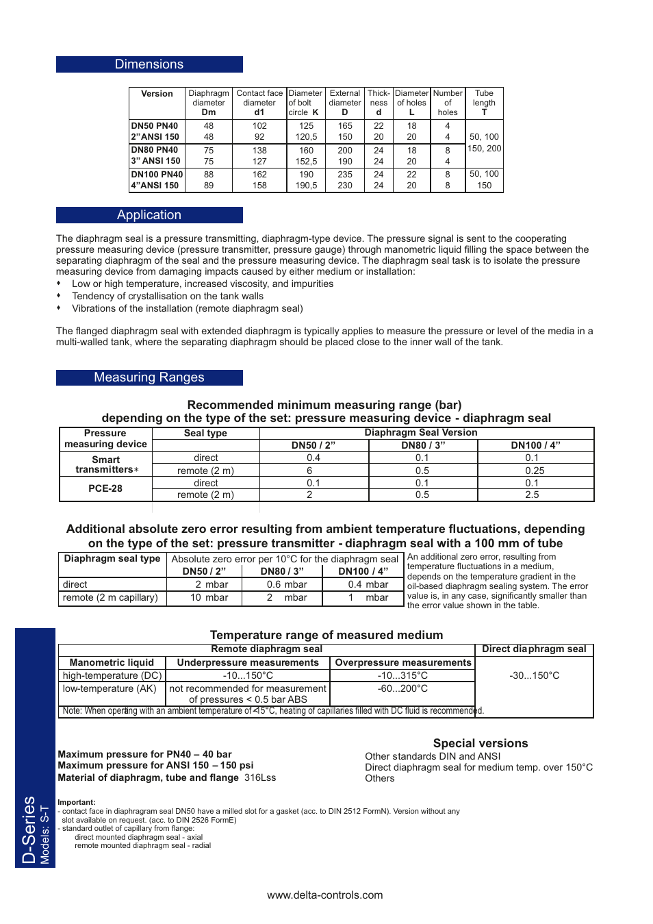 D-series, Dimensions, Application | Measuring ranges | Delta Controls D-Series TDSST User Manual | Page 2 / 4