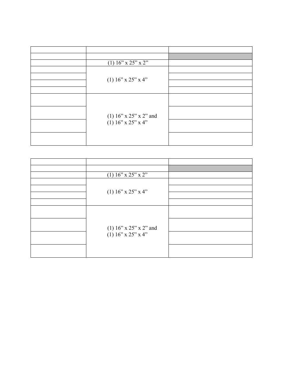 Filter information, Table 7 - h3 series a cabinet pre filters, Table 8 - v3 series a cabinet pre filters | AAON V3-E User Manual | Page 41 / 72