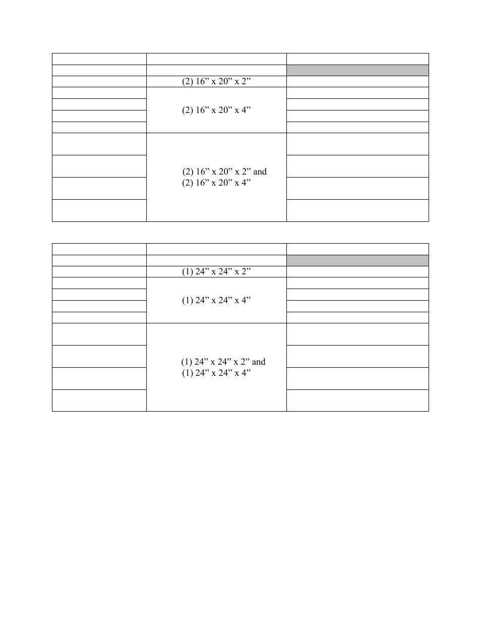 Table 9 - h3 series b cabinet pre filters, Table 10 - v3 series b cabinet pre filters | AAON V3-E User Manual | Page 42 / 72