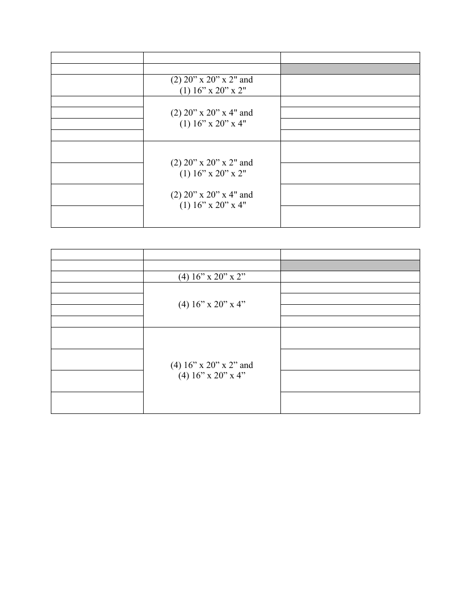 Table 11 - h3 series c cabinet pre filters, Table 12 - v3 series c cabinet pre filters | AAON V3-E User Manual | Page 43 / 72
