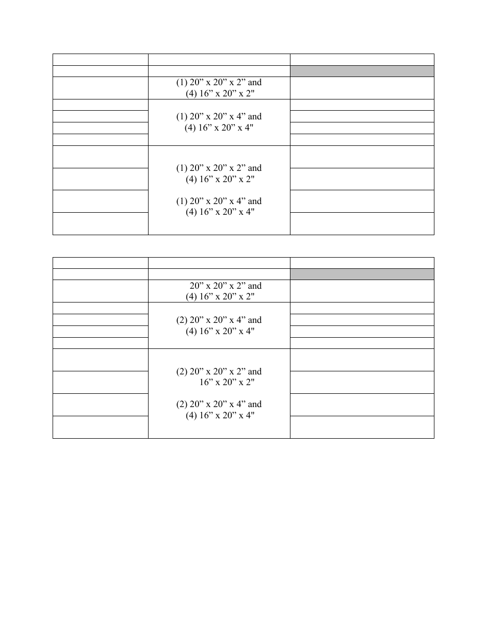 Table 13 - h3 series d cabinet pre filters, Table 14 - v3 series d cabinet pre filters | AAON V3-E User Manual | Page 44 / 72
