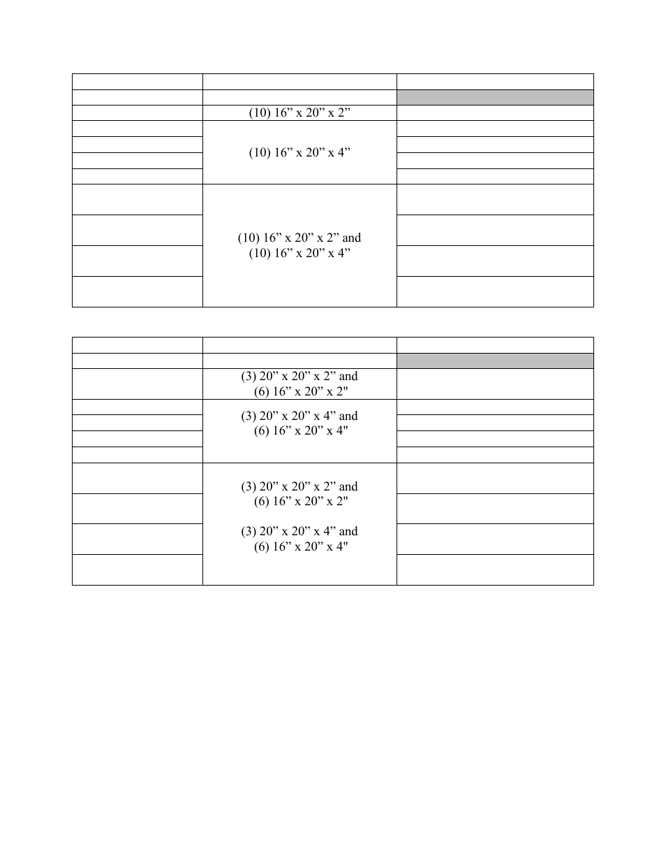 Table 15 - h3 series e cabinet pre filters, Table 16 - v3 series e cabinet pre filters | AAON V3-E User Manual | Page 45 / 72