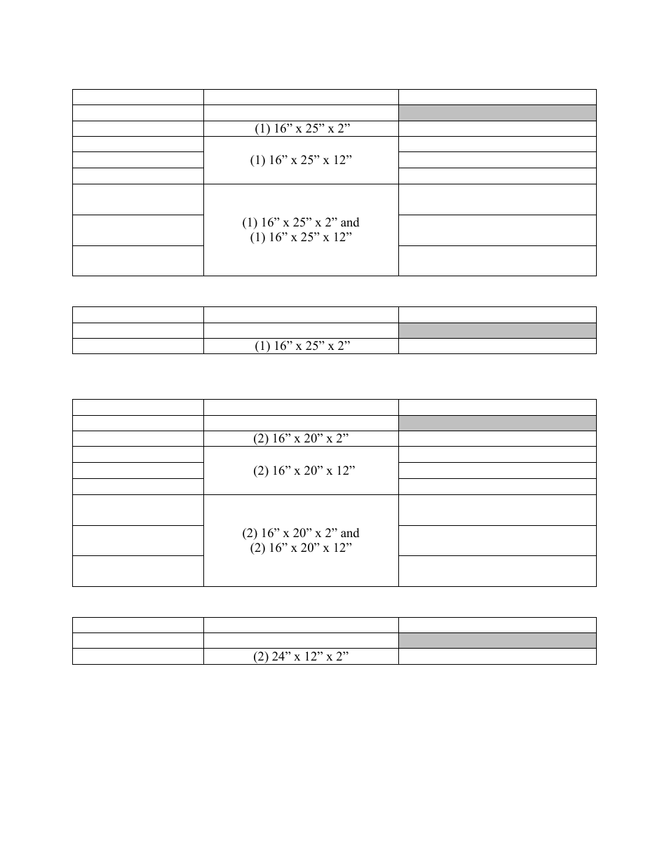 Table 23 - h3 series a cabinet final filters, Table 24 - v3 series a cabinet final filters, Table 25 - h3 series b cabinet final filters | Table 26 - v3 series b cabinet final filters | AAON V3-E User Manual | Page 49 / 72