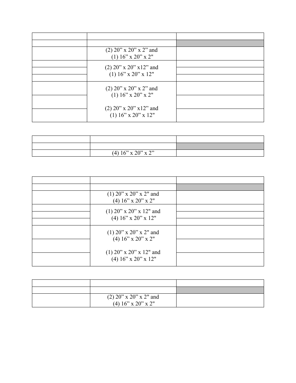 Table 27 - h3 series c cabinet final filters, Table 28 - v3 series c cabinet final filters, Table 29 - h3 series d cabinet final filters | Table 30 - v3 series d cabinet final filters | AAON V3-E User Manual | Page 50 / 72