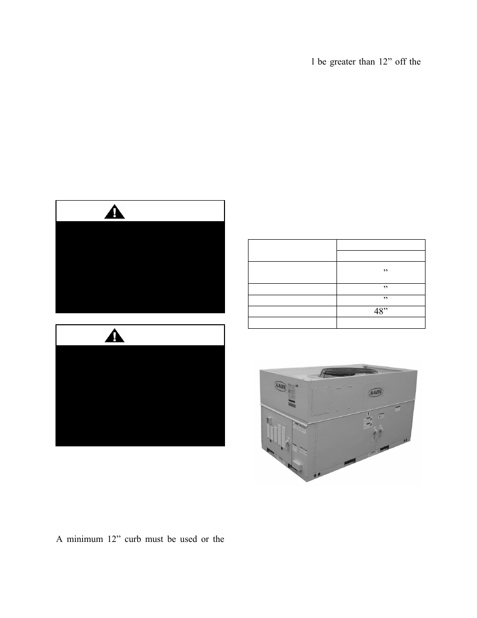 Installation, Unit location, Setting the curb | Table 3 - unit clearances, Figure 2 - rq series orientation, Warning | AAON RQ-006 User Manual | Page 28 / 84