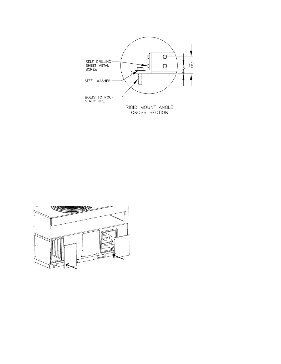 Horizontal duct connection, Outside air rain hood, Figure 13 - seismic rigid mount curb cross section | Figure 14 - horizontal duct connections | AAON RQ-006 User Manual | Page 37 / 84