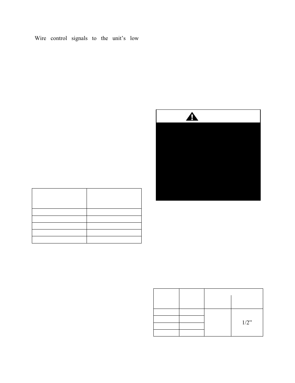 Thermostat control wiring, Gas heating, Table 4 - control wiring | Table 5 - 2-6 ton gas connections, Warning | AAON RQ-006 User Manual | Page 41 / 84