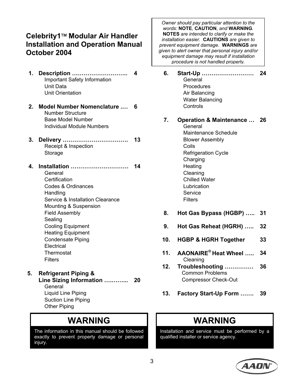 Warning | AAON M1-011 User Manual | Page 3 / 44