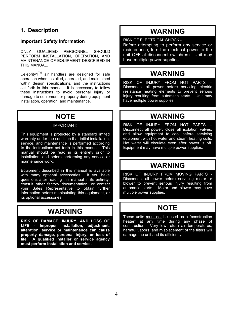 Warning | AAON M1-011 User Manual | Page 4 / 44