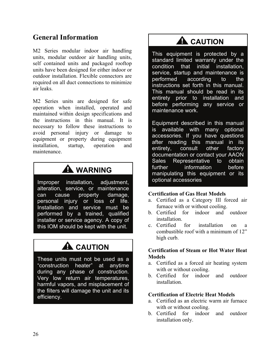 General information, Warning, Caution | AAON M2-036 User Manual | Page 26 / 100