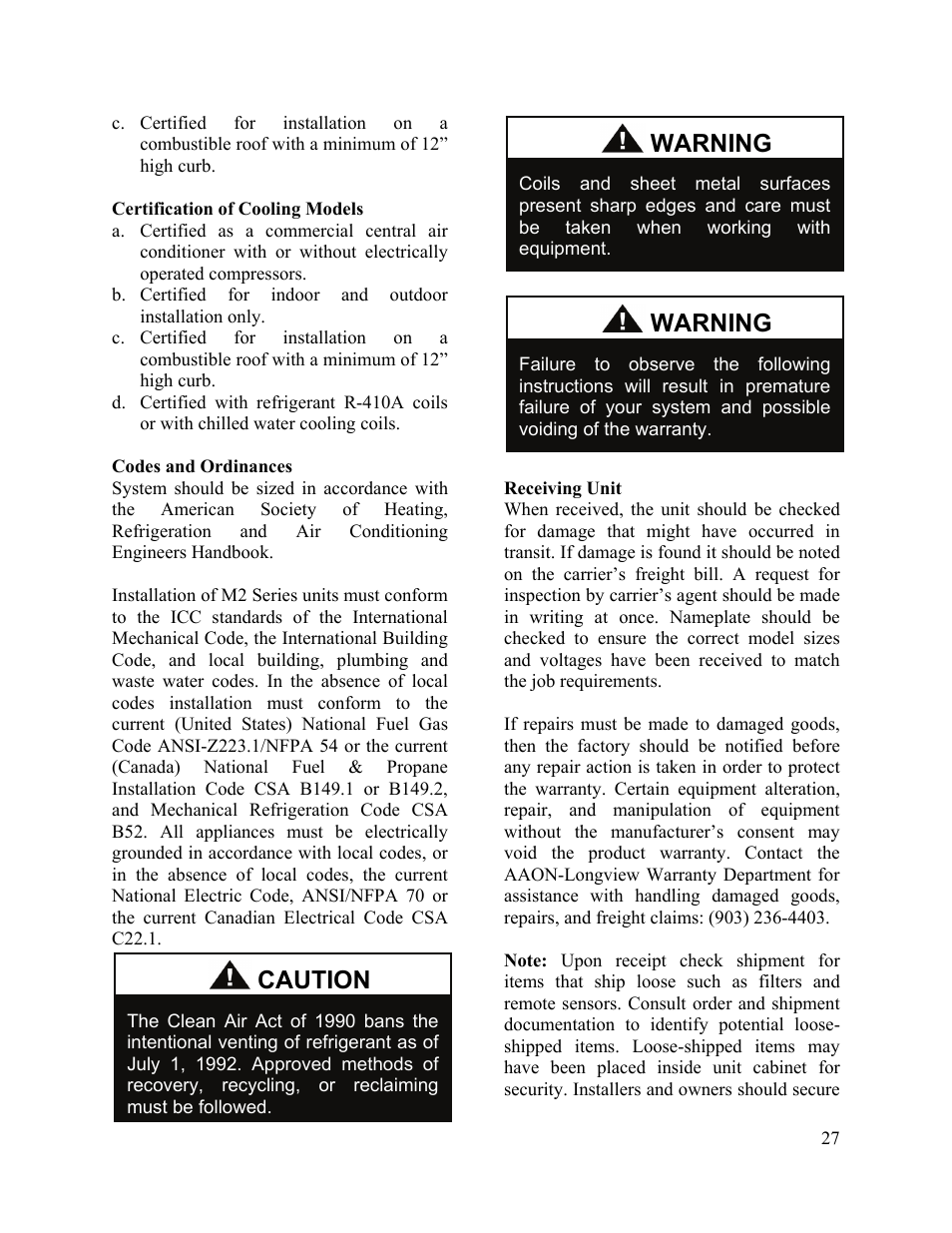 Warning, Warning caution | AAON M2-036 User Manual | Page 27 / 100